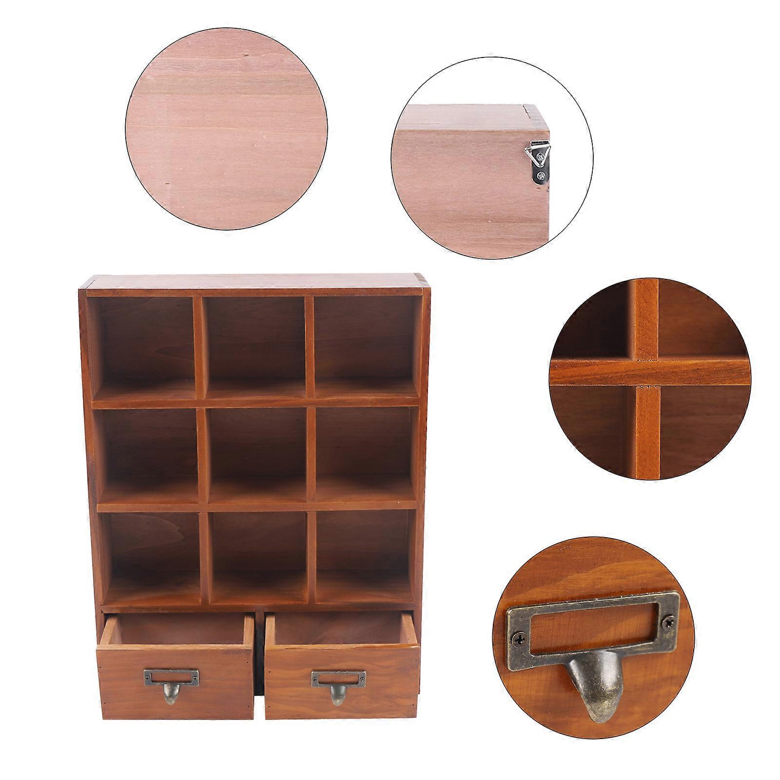 9-Cube Wooden Display Shelf With 2 Drawers Desktop Storage Organizer Brown