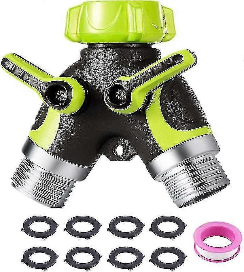 Y-Way Garden Hose Splitter with 2-Way Tap Connector 3/4 Hose Adapter Metal Body and Shut-off Valves featuring Comfortable Rubberized Grip