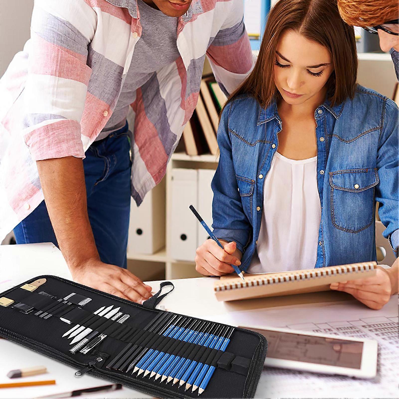 H&B 33-piece drawing pencil set with erasers, charcoal, and sharpener