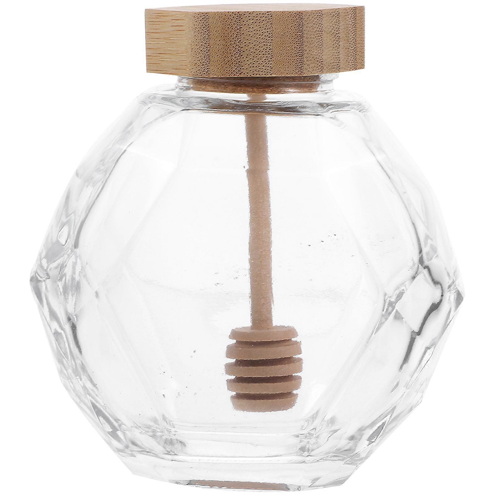Honey Container Jar Glass Honey Pot With Wood Lid Dipper For Home Kitchen Use Transparent 1Pack