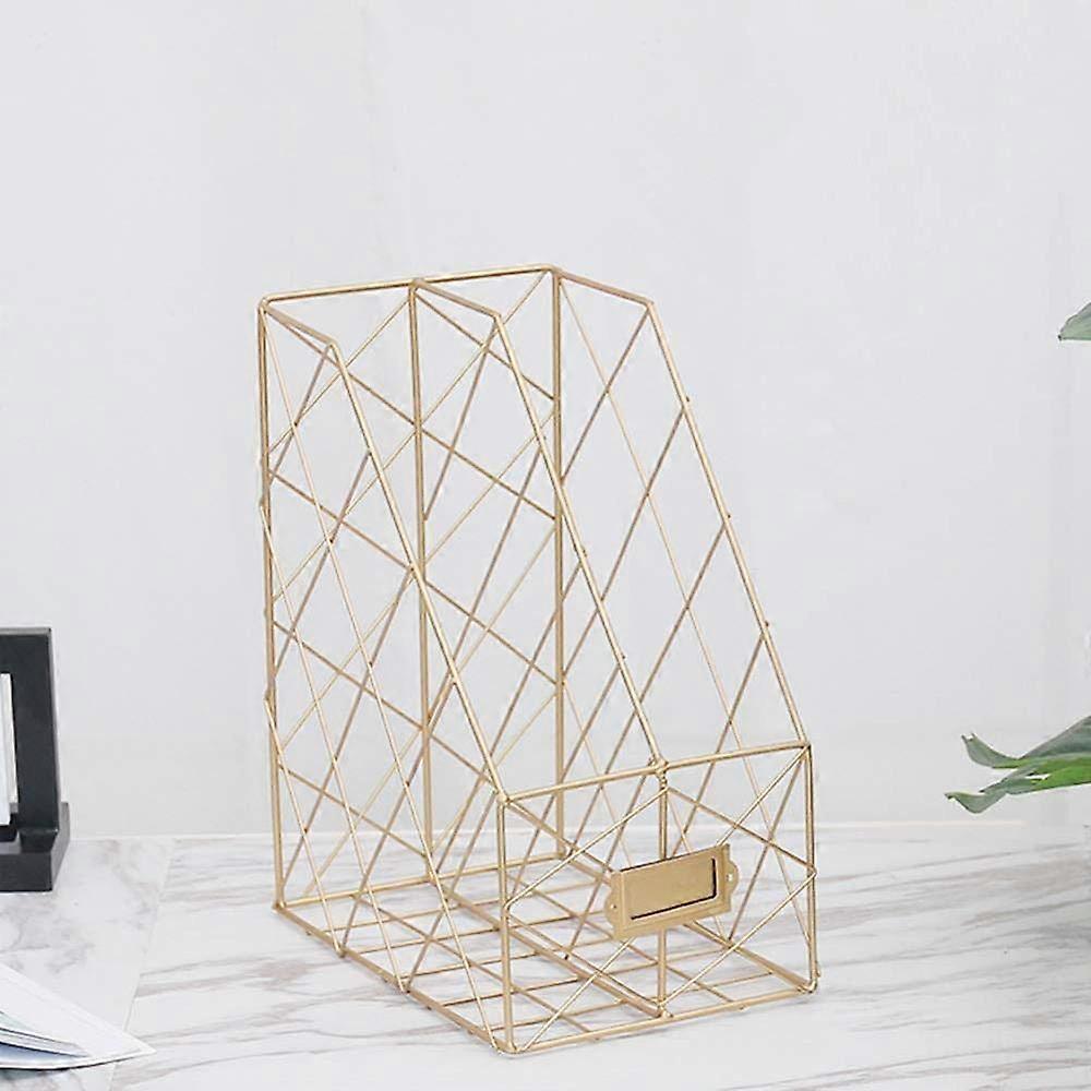 Magazine Rack with Compartments, Gold Metallic File Organizer, Two-Layer Wire Mesh Office Shelf, Rustic Library Storage