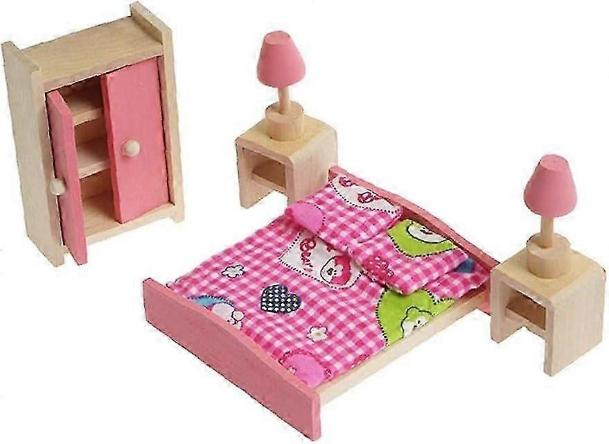 ドールハウスベッドルームセット - 木製ミニチュア家具(1:12スケール)