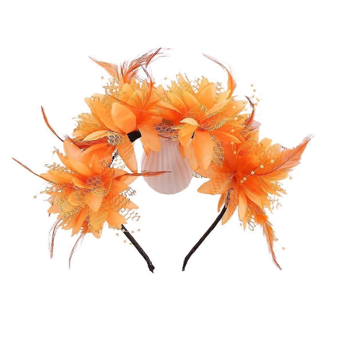 Artificial Flower Feather Headband for Outdoor Events, Festivals, and Parties in Orange Color with Comfortable Fit