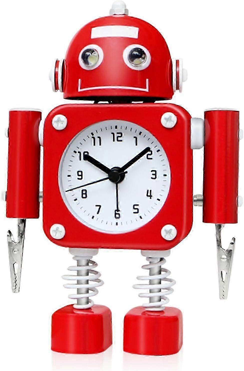 Non-ticking Robot Alarm Clock in Stainless Metal - Wake-up Clock with Flashing Eye Lights and Hand Clip
