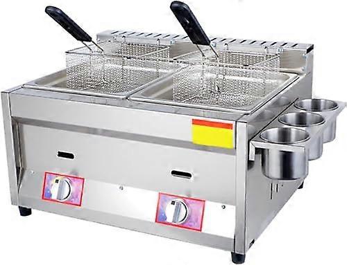 Stainless steel LPG fryer, adjustable firepower with baskets and lids, ideal for home and commercial cooking, easytoclean design.