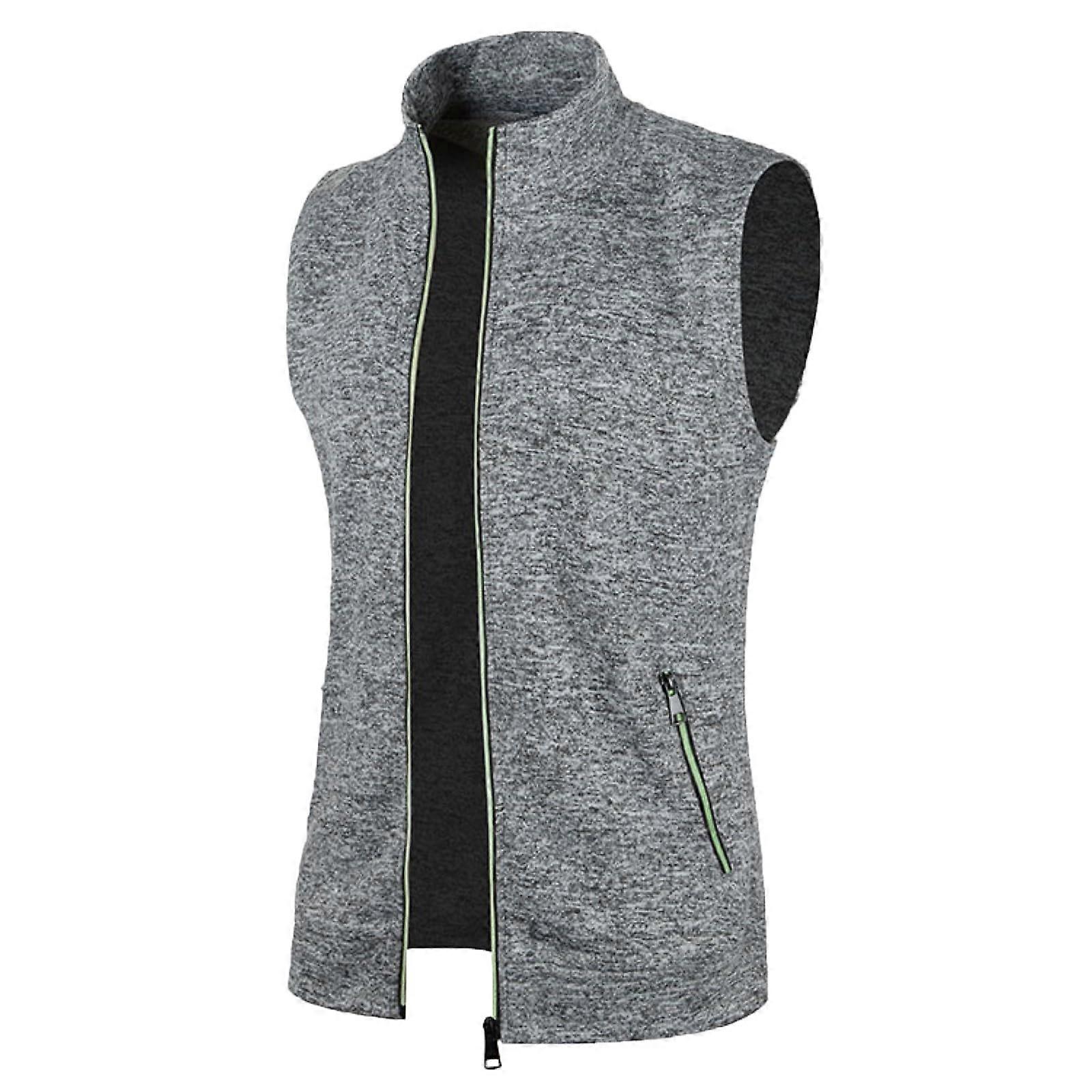 Men's Fleece Vest Ultralight Sleeveless Jacket with Pockets, Stand Collar, Fleece Lined, Gray, XXL for Winter and Spring