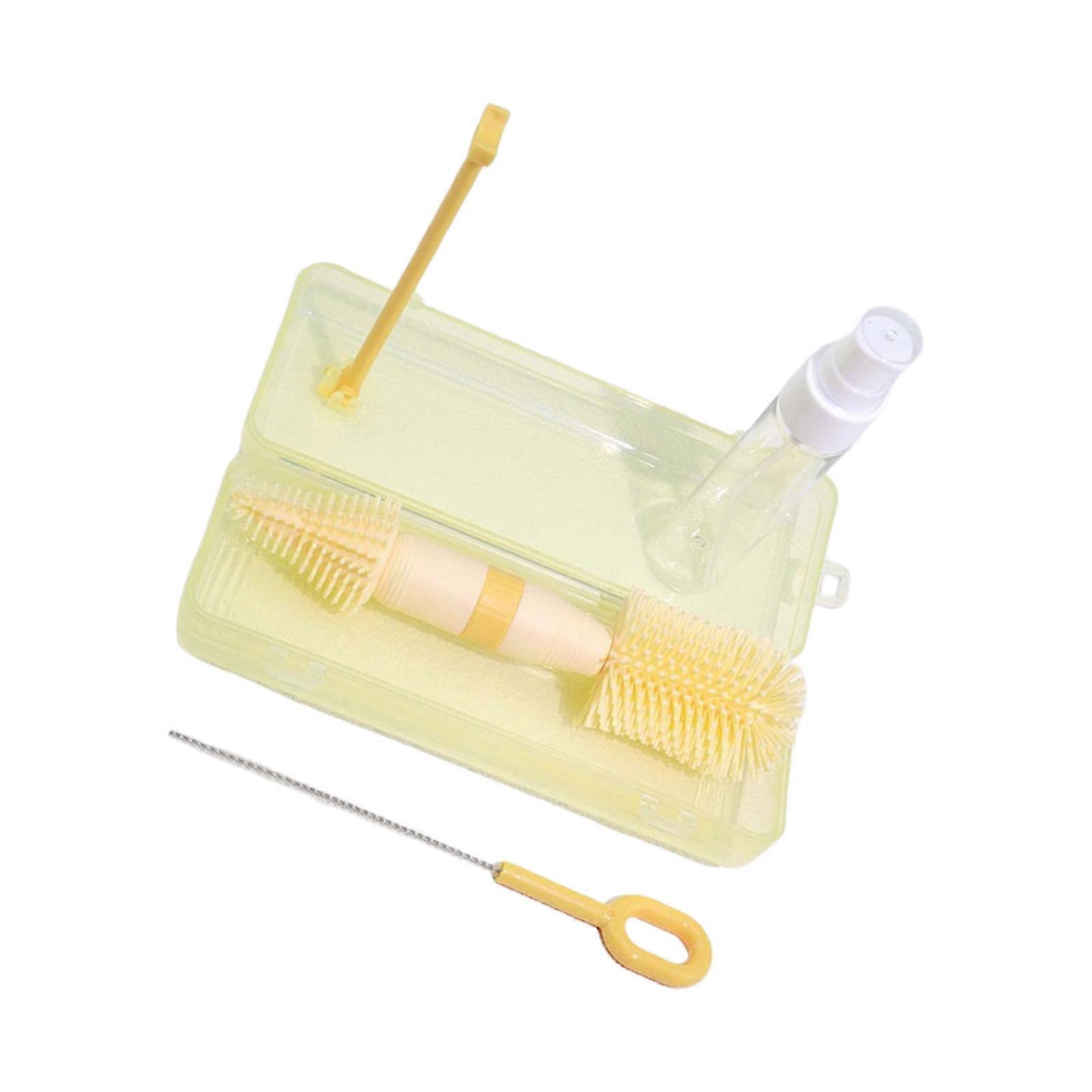 Double Head Infant Bottle Cleaning Brush Kit Flexible Silicone Handle Removable Drying Rack Design Organsier Case  Yellow