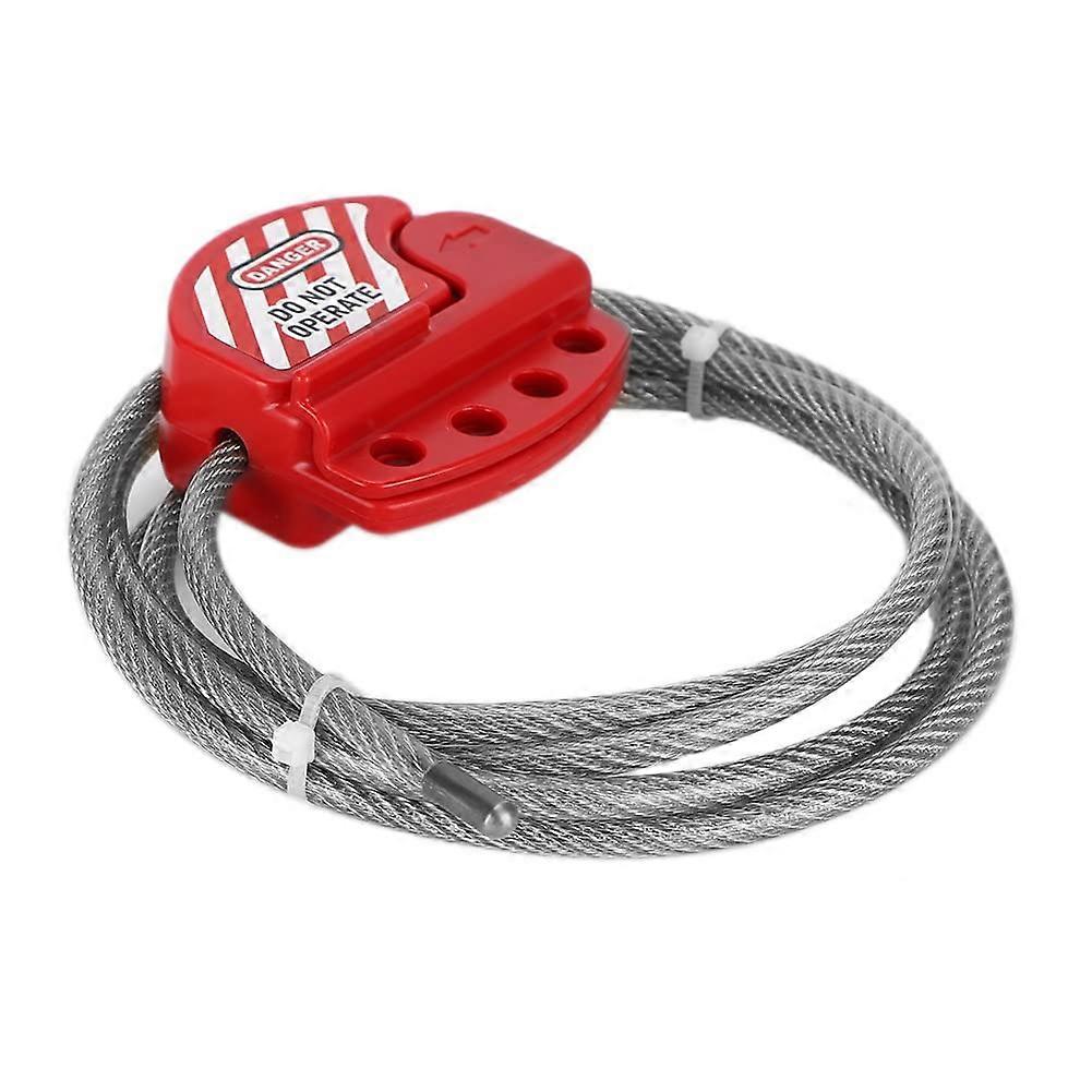 Stainless steel cable locking device with flexible cable for maintenance in industrial environments.