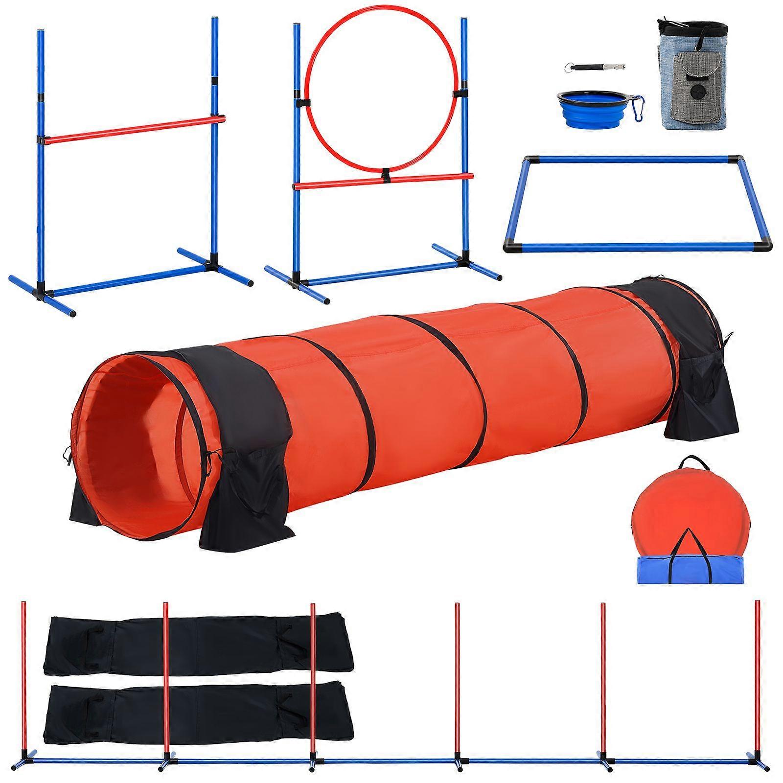 Dog Agility Training Equipment, 5 PCS Set Upgrade with Adjustable High Hurdles,6 Weave Poles,Extended Tunnel,Jump Ring,Pause Box,Whistle