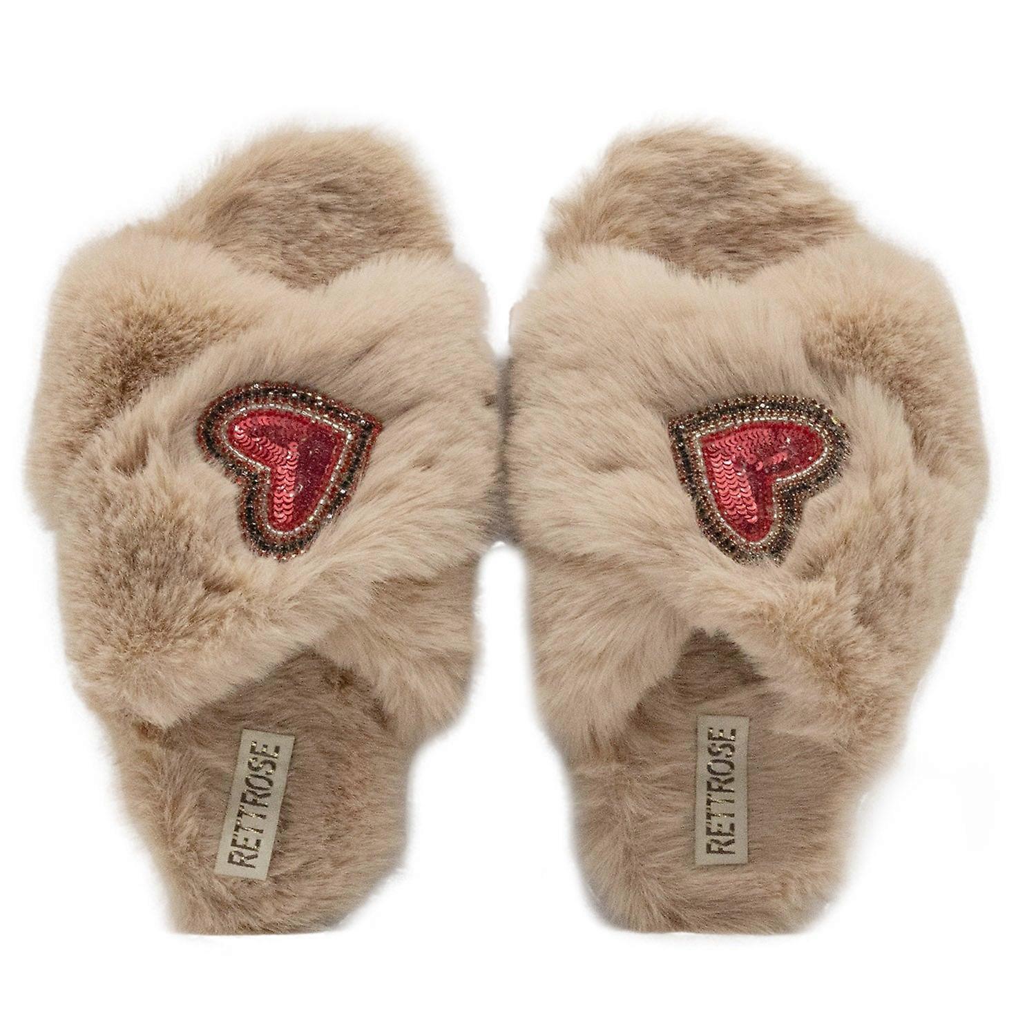 Rettrose amour mink women’s beige luxury faux fur slippers – handmade plush indoor footwear with diamanté heart embellishment