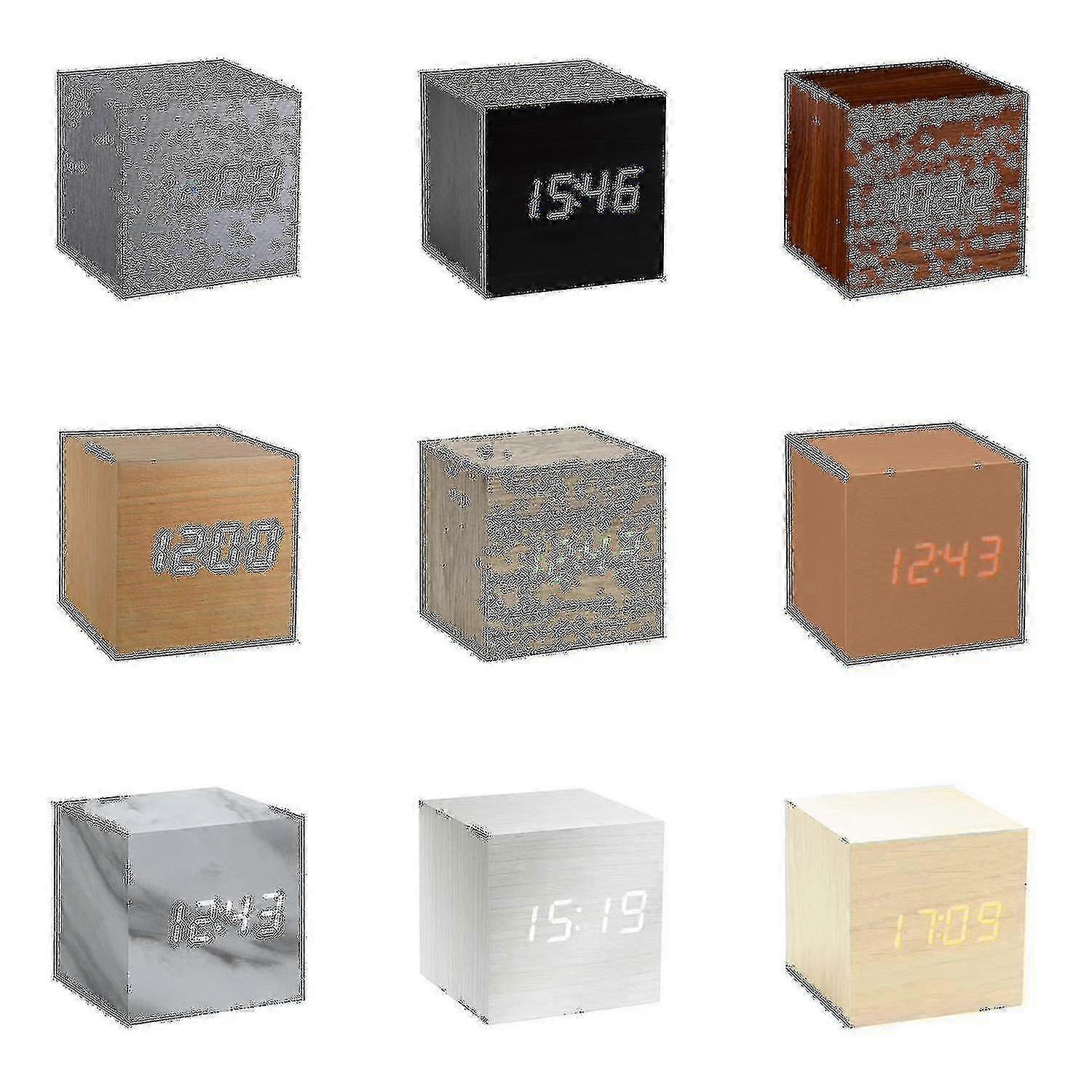 LED Cube Clock with Time, Date & Temperature Display, Sound Activation - Bamboo Red Design