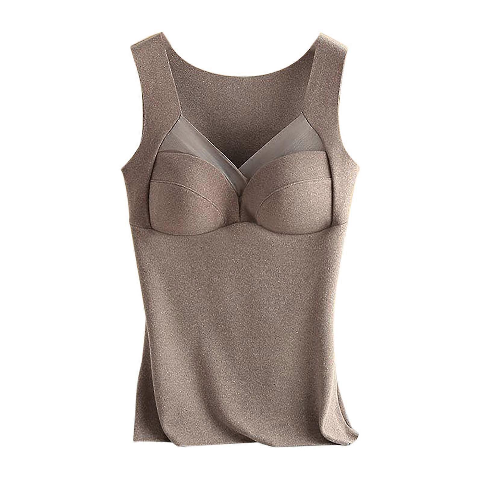 Women's Sleeveless Thermal Tank Tops with Built-in Bra, V-Neck Fleece Lined Undershirt, Black Coffee, XXL