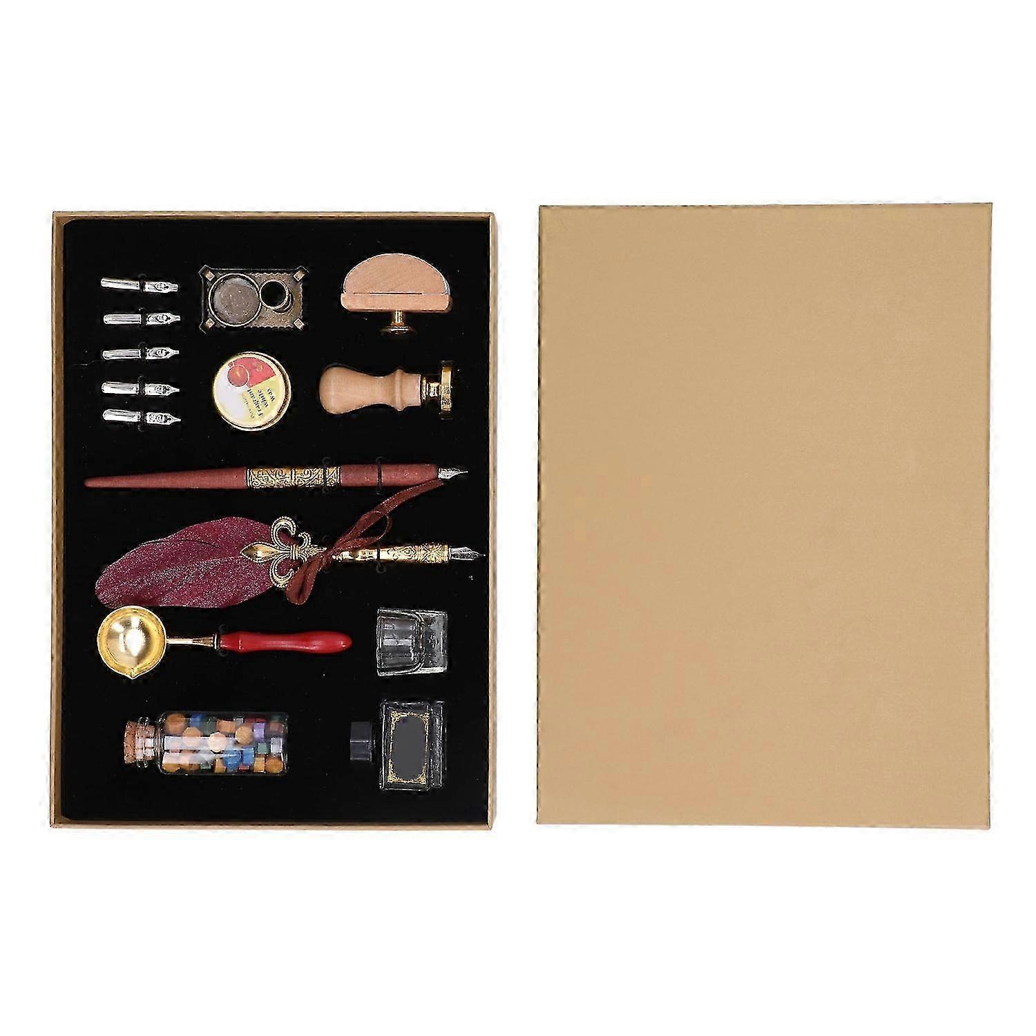 Quill Pen and Ink Set Vintage Elegant Glossy Writting Exquisite Colors Feather Pen and Ink Set with