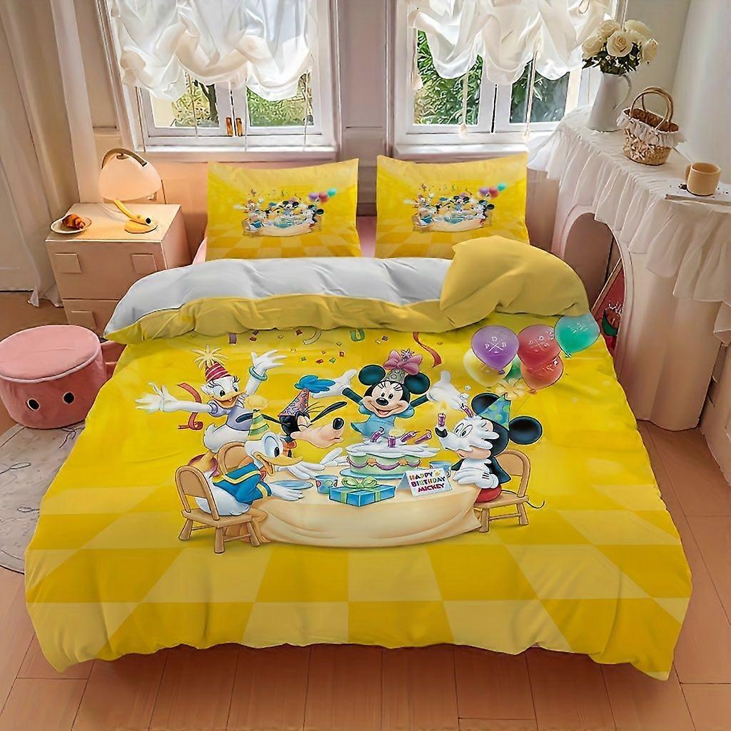 TE735 3pcs Mickey Mouse Cartoon Print Bedding Set - Yellow Checkered Duvet Cover with Balloons & Gift Box Design, 2 Pillowcases (No Inse