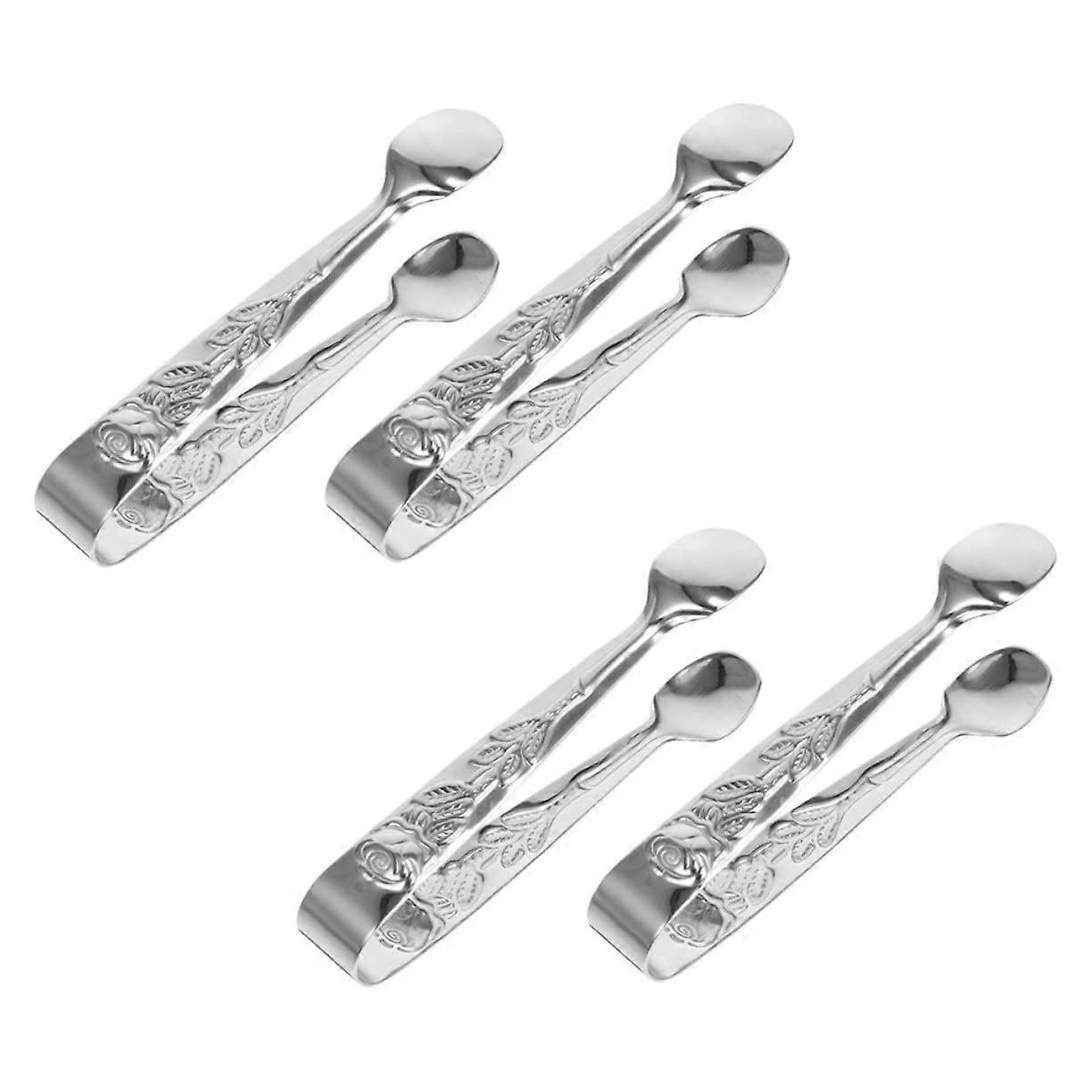4pcs Stainless Steel Ice Cube and Sugar Cube Tongs Mini Rose Pattern For BBQ Party Serving Portable and Lightweight