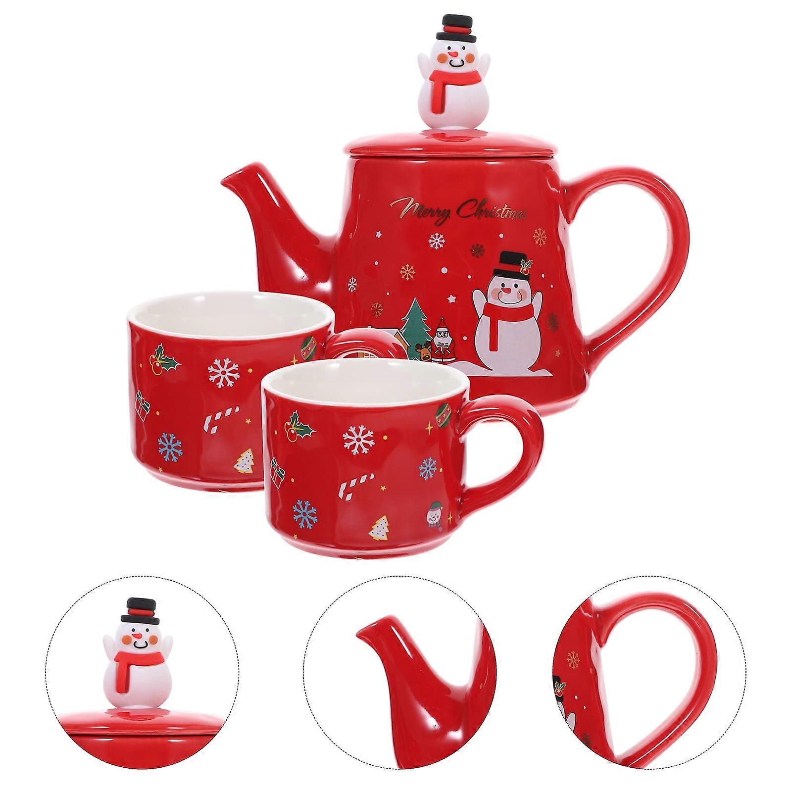 Christmas Series Tea for One Set, Ceramic Teapot, Snowman Pattern (Red)
