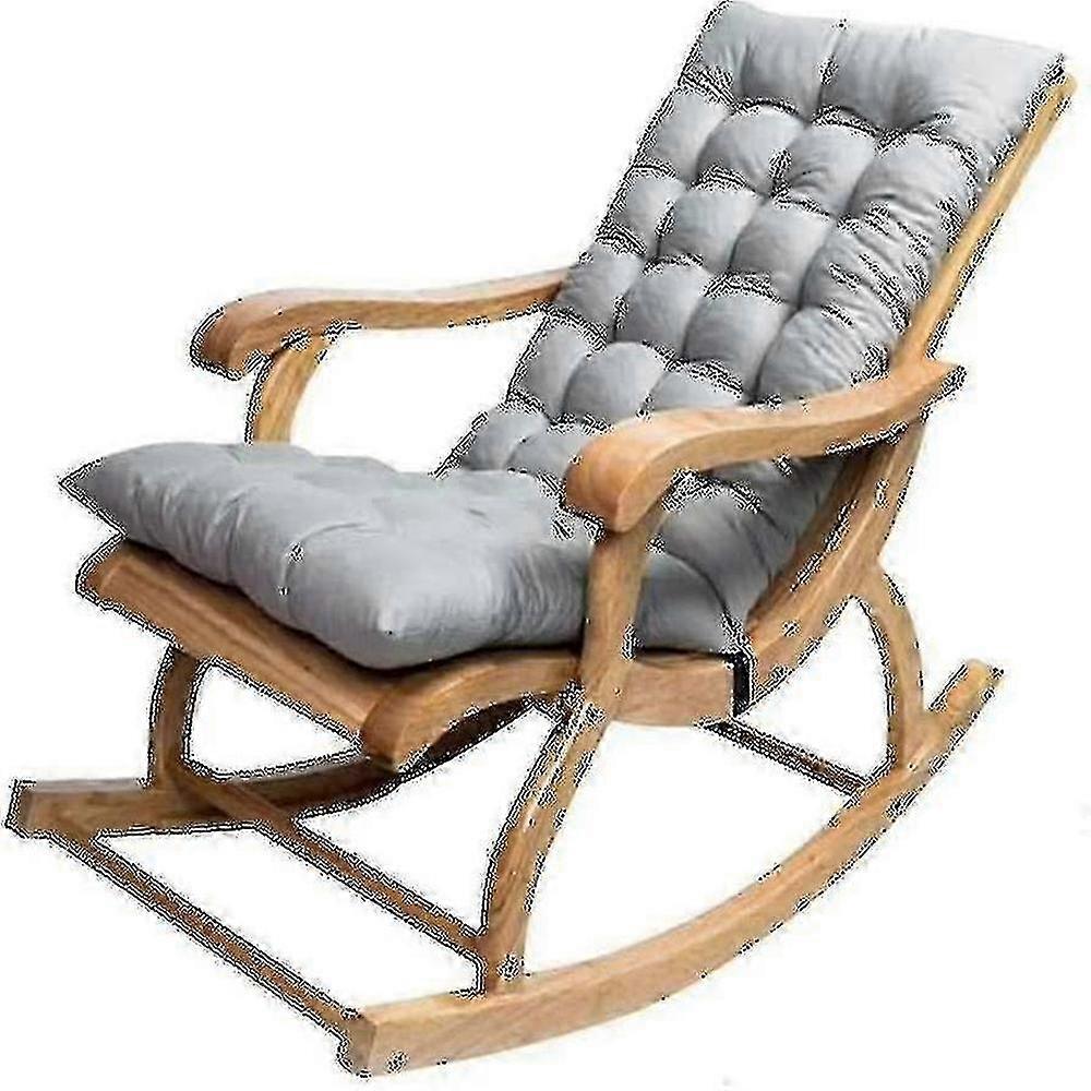 Long Folding Recliner Rocking Chair with Gray Cotton Plush Cushion, 1.2 Meter Bamboo Wood Frame