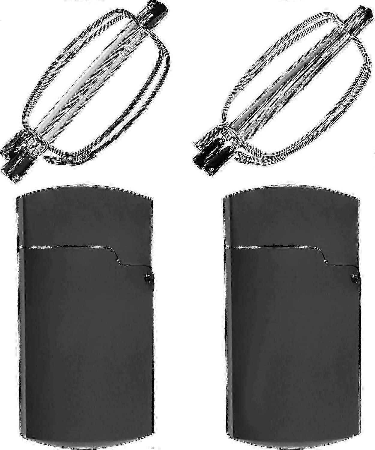 Reading Glasses 2 Pair Black And Gunmetal Readers Compact Folding Unisex Glasses For Reading Case Included-Good