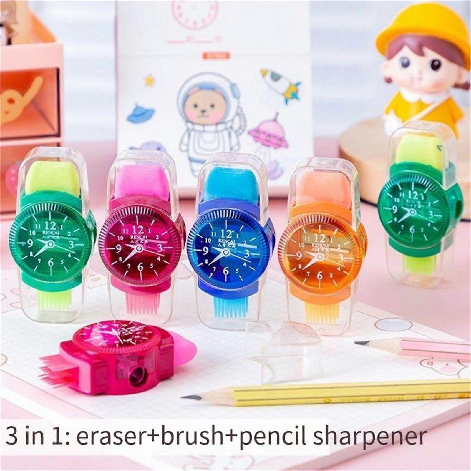 Hiroekza Erasers, Watch Styling Pencil Sharpener with Eraser Cleaning Brush 3-in-1 Multi-function School Supplies, Back to School