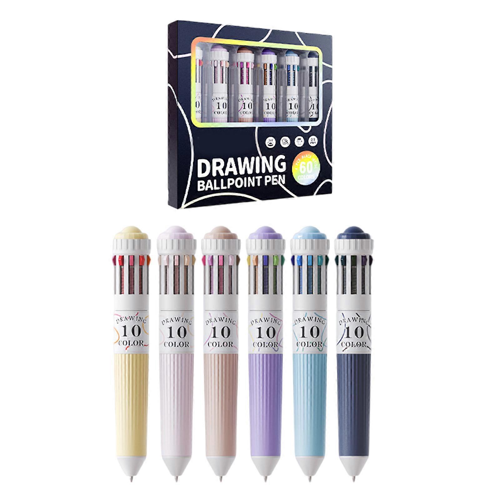 6Pcs Retractable Multicolored Pen 10-Color-in-1 Ballpoint Pens 0.8MM Tip for Student Writing Note Taking Journaling Multicolor