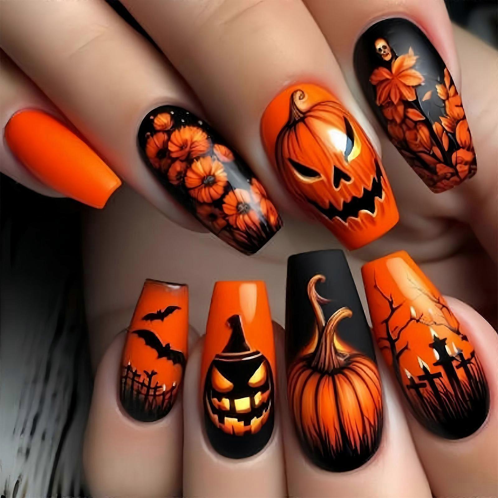 Halloween Spiders Web Pumpkin Nail Art Medium Square False Nail Comfortable ABS Matte Finish Easy To Apply For Parties Multicolor