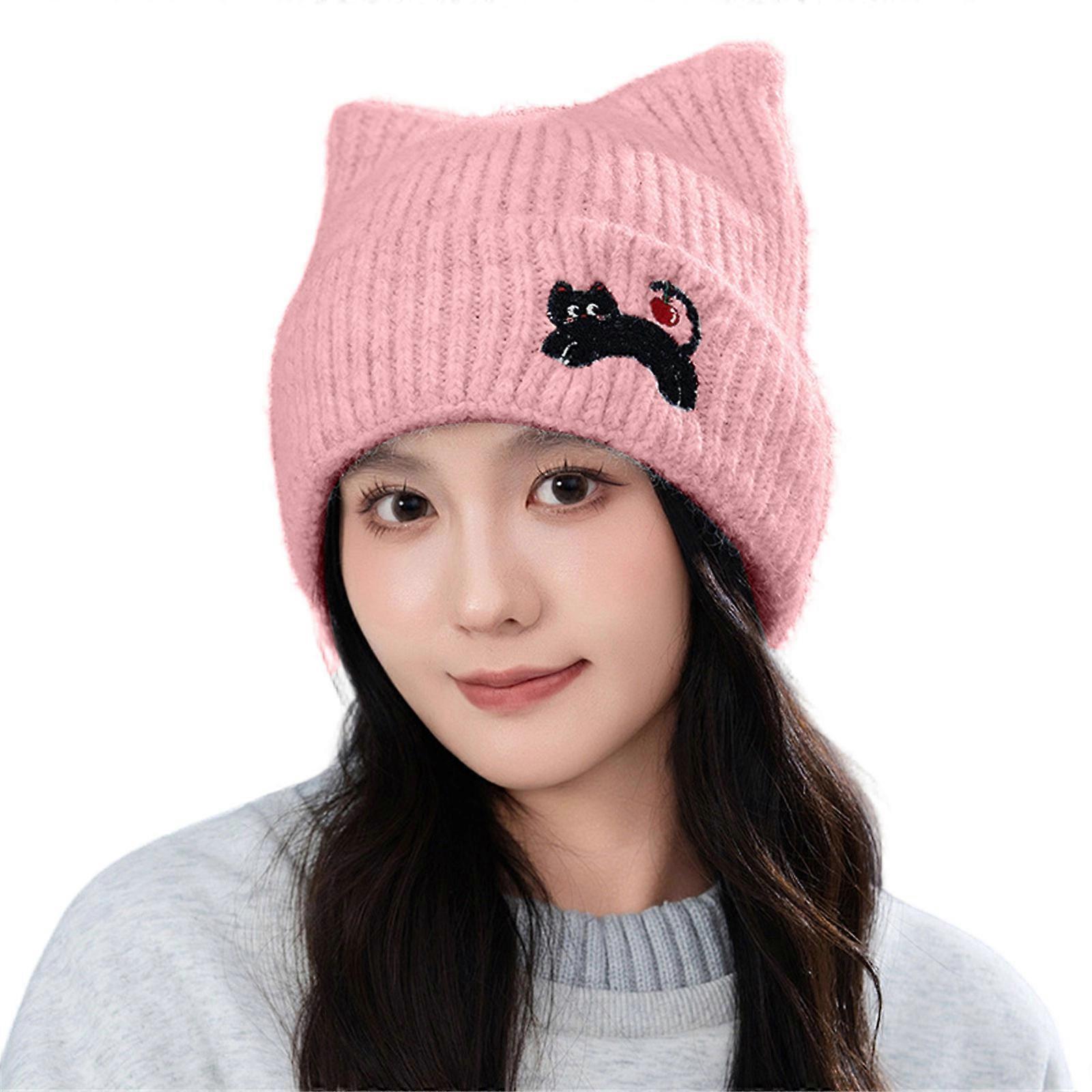 Cats Ear Shape Hat Warm Stylish Knitted Hat Cold Weather Hat Everyday Wear for Autumn And Winter  Pink