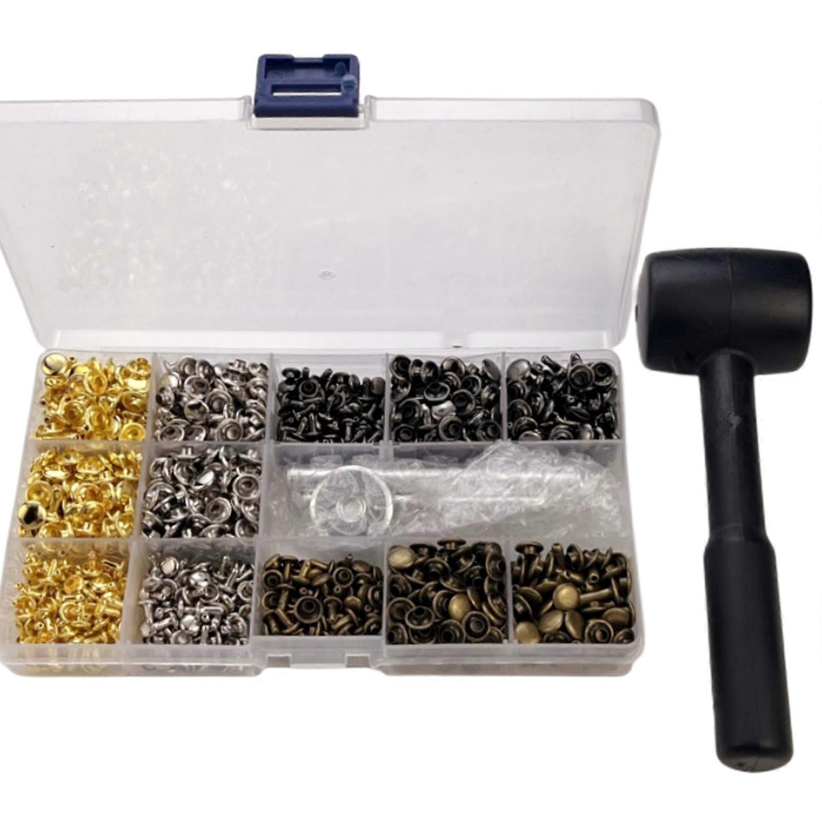 480 Set Leather Rivets 3 Size 4 Color Double Caps Rivets Metal Studs with Hammer and 3 Setting Tool Multicolor