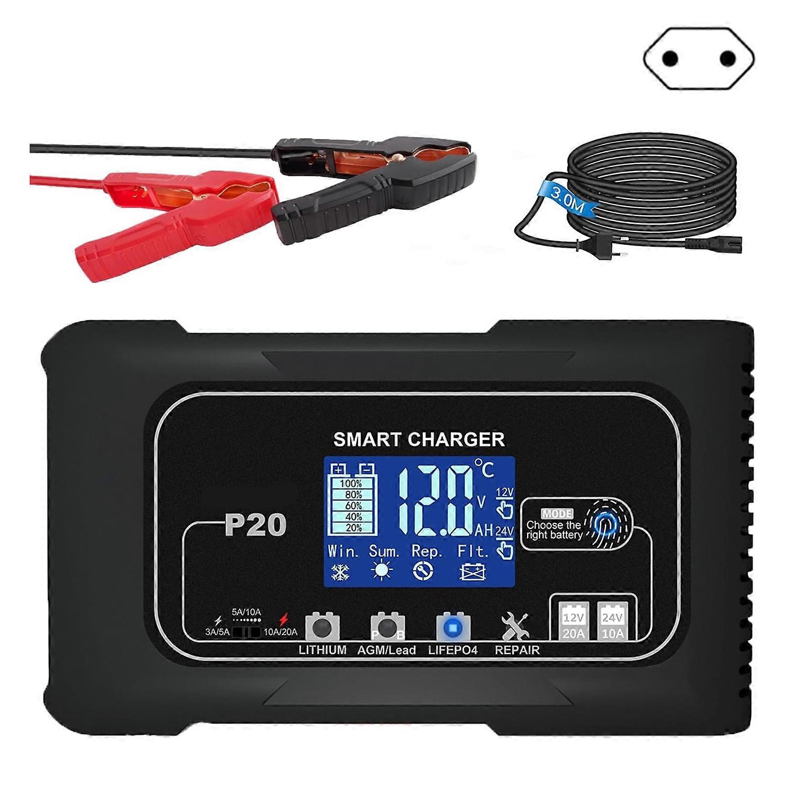 Advanced Car Battery Charger 12V 24V Automatic Identification for Lithium and Acid Batteries Overheated Protections Multicolor