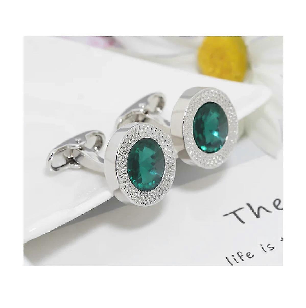 Stunning Round Silver Cufflinks Green Stone Quick UK Dispatch