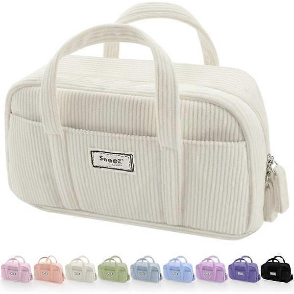 Extra large pencil case with 5 compartments, wide opening, soft corduroy organizer with zipper - beige white