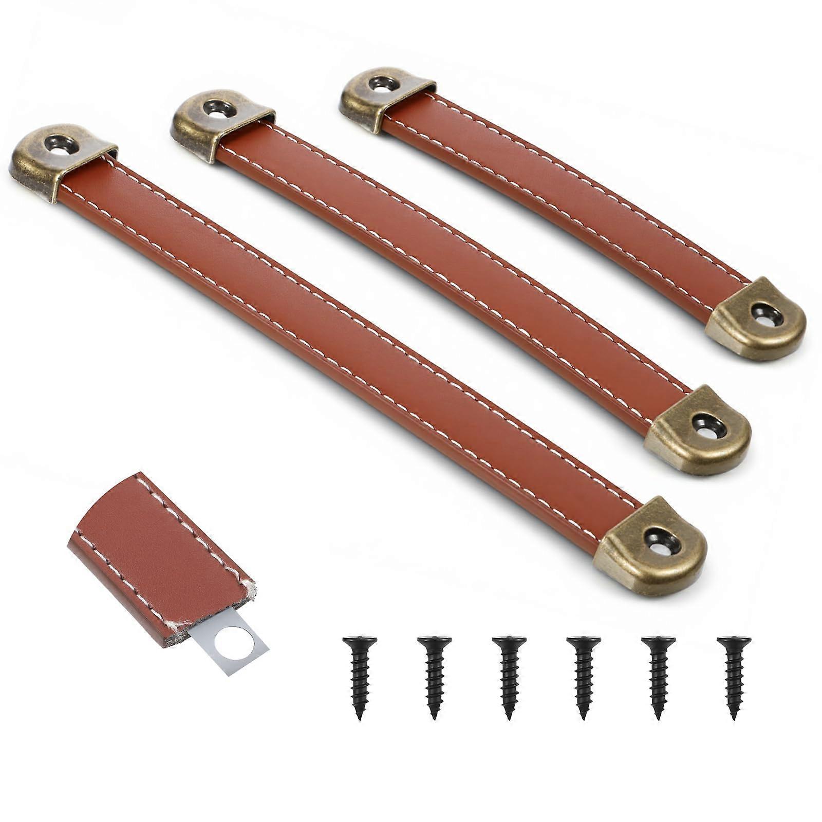 3 Pcs Brown Leather Drawer Pulls with Screws, Durable PU Cabinet and Trunk Handles for Furniture
