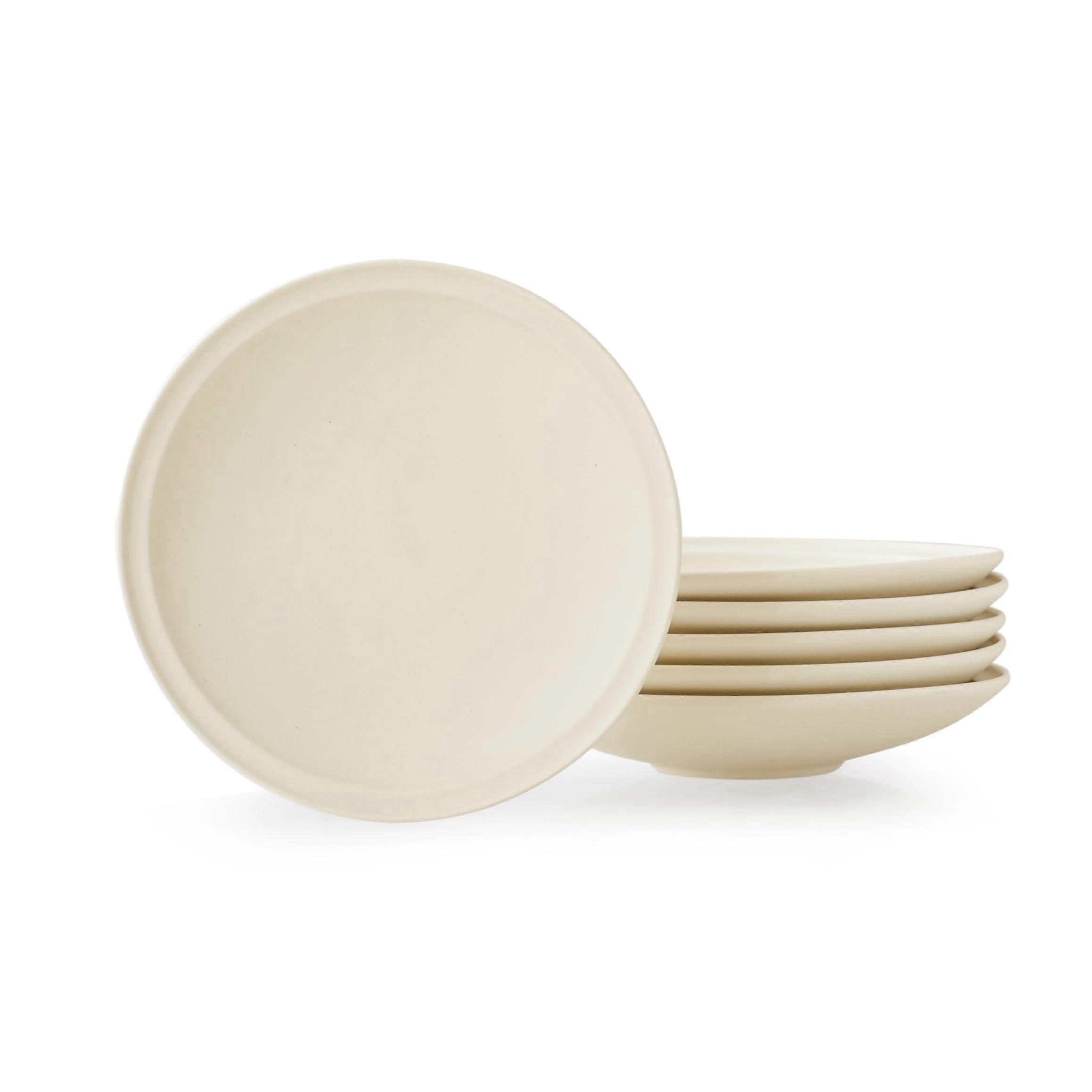 6 Inch Ceramic Dinner Plates Set of 6, Matte Cream Round, Elegant Linea Design, Microwave Safe