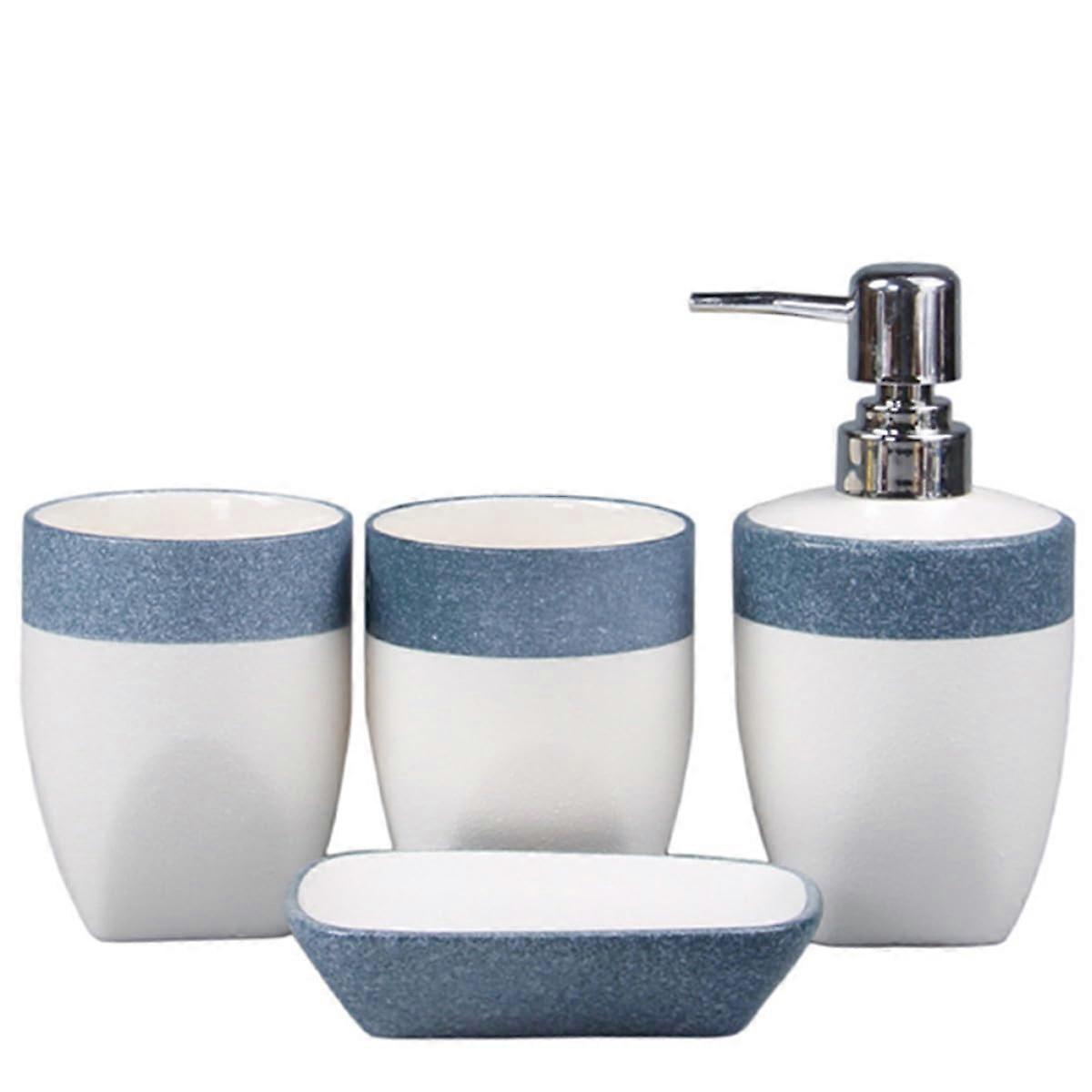 Ceramic Bathroom Accessories Set with Snowglazed Soap Dispenser Cups and Tray