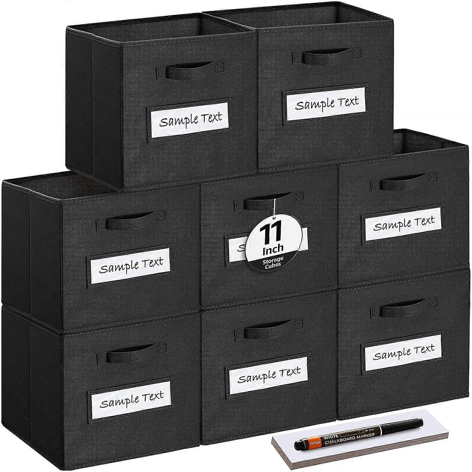Set of 8 Black 11 Inch Fabric Storage Cubes with Foldable Design and Transparent Label Slot