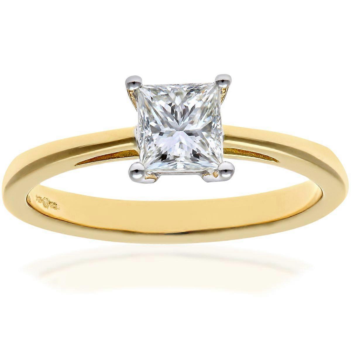 Jewelco London 18ct Yellow Gold Princess 3/4ct Diamond 4 Claw Solitaire Engagement Ring 5mm
