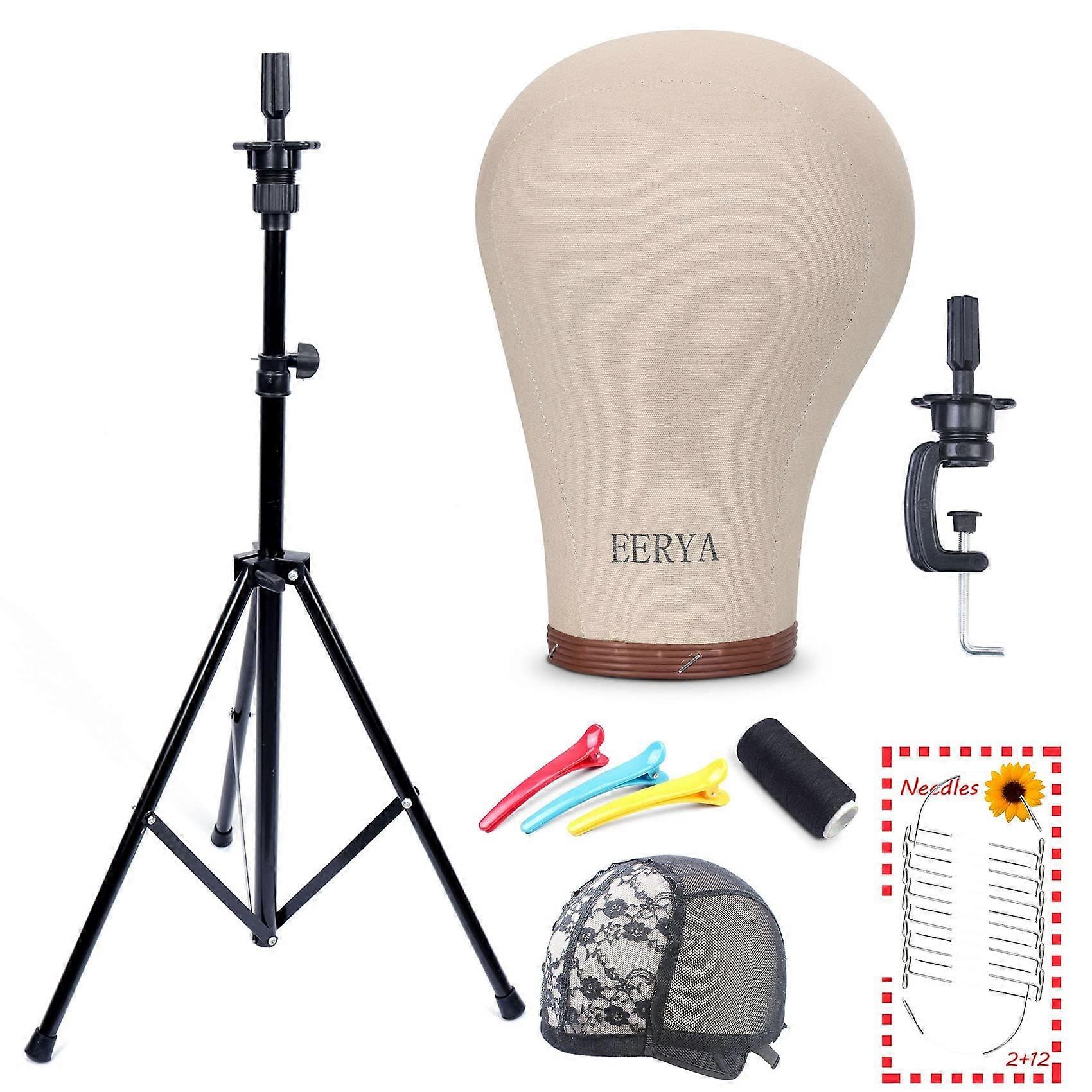 21 Inch Cork Canvas Wig Head with Adjustable Tripod Stand for Wig Making and Styling
