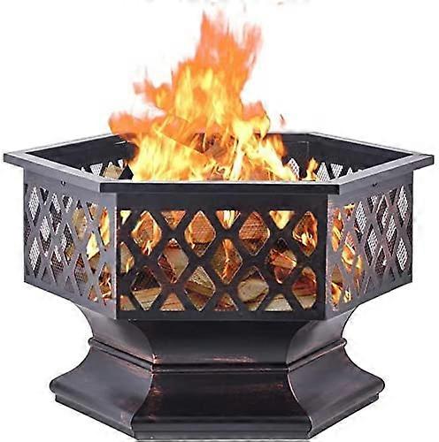 Outdoor Fire Pit Hexagonal Metal Fireplace for Patio Backyard Bonfire Heating Brazier