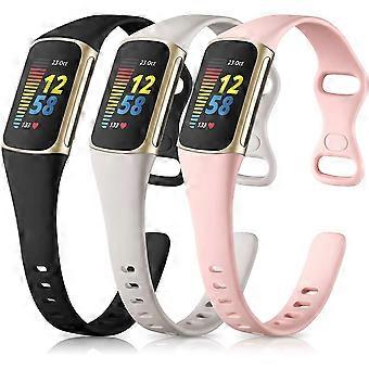 Set van 3 slanke siliconen bandjes compatibel met Fitbit Charge 5 & Charge 6 – Verstelbare sportpolsbandjes voor dames/heren (zwart/grijs/roze)