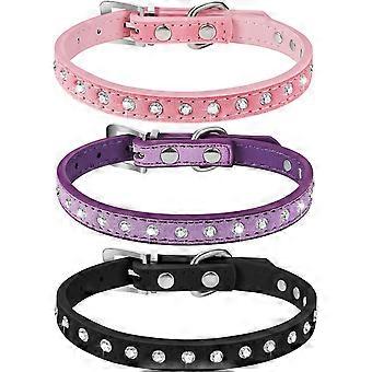 3 Pieces Rhinestones Dog Collars Crystal Diamonds Studded PU Leather Dog Collars Adjustable Bling Pet Appearance for Small and Medium Dogs (Pink, Purp