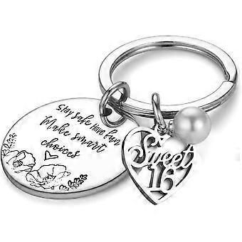 Stay Safe Have Fun Make Good Choices Sweet 16 Years Old Girl Gifts for Birthday, 16th teenage Drivers Keyring, New Driver or Graduation Keychain, Sil