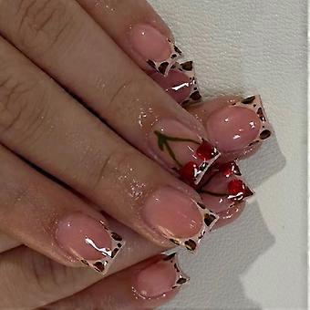 Unhas postiças francesas de 24 peças, unhas postiças com estampa de leopardo, unhas acrílicas com tema de frutas, unhas adesivas simples de cobertura total para mulheres