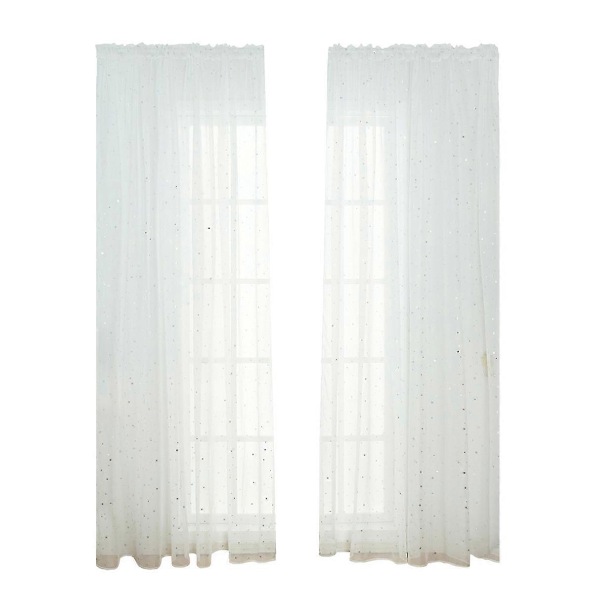 White Sheer Curtains Glitter Star Pattern for Room Window 2Pcs