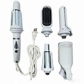 Set van 5 stylingtools voor het haar, met verwisselbare opzetstukken: een stijltang, een borstel voor het gladmaken, een krultang voor volume bij de wortels, en twee krultangen van 25 mm en 32 mm.