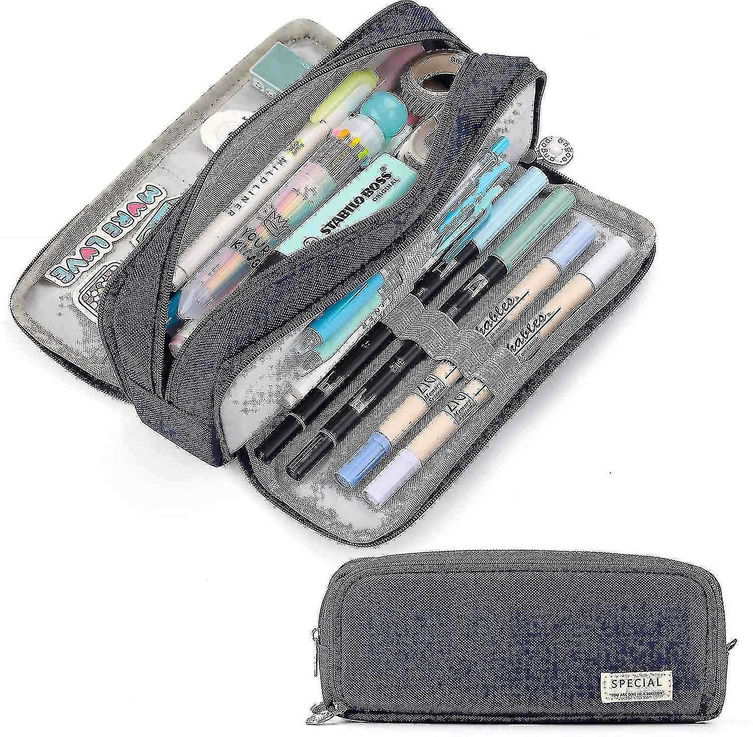 Large Pencil Case Large Capacity 3 Compartments Student Canvas Pencil Bag