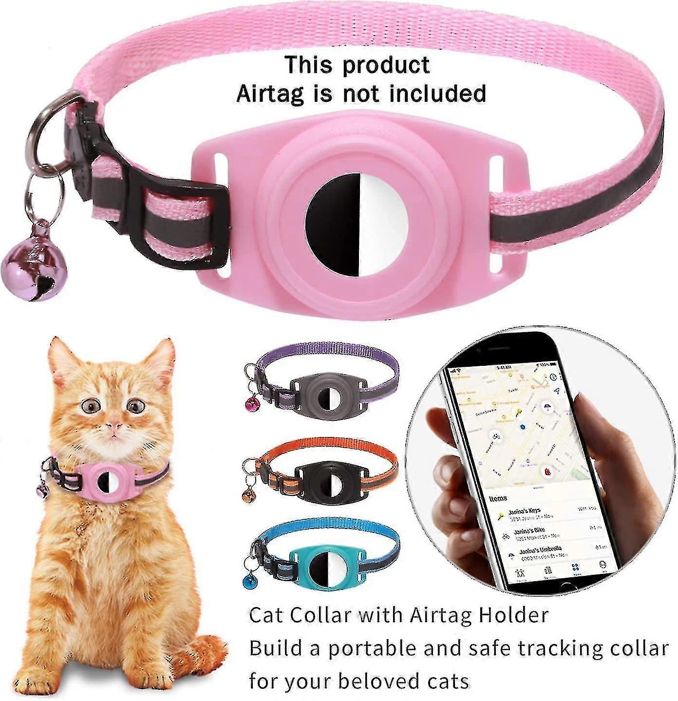 Collier Pour Chat Avec Porte AirTag Réfléchissant – Rose, Taille Ajustable – Pour Localiser Ton Chat En Intérieur/extérieur