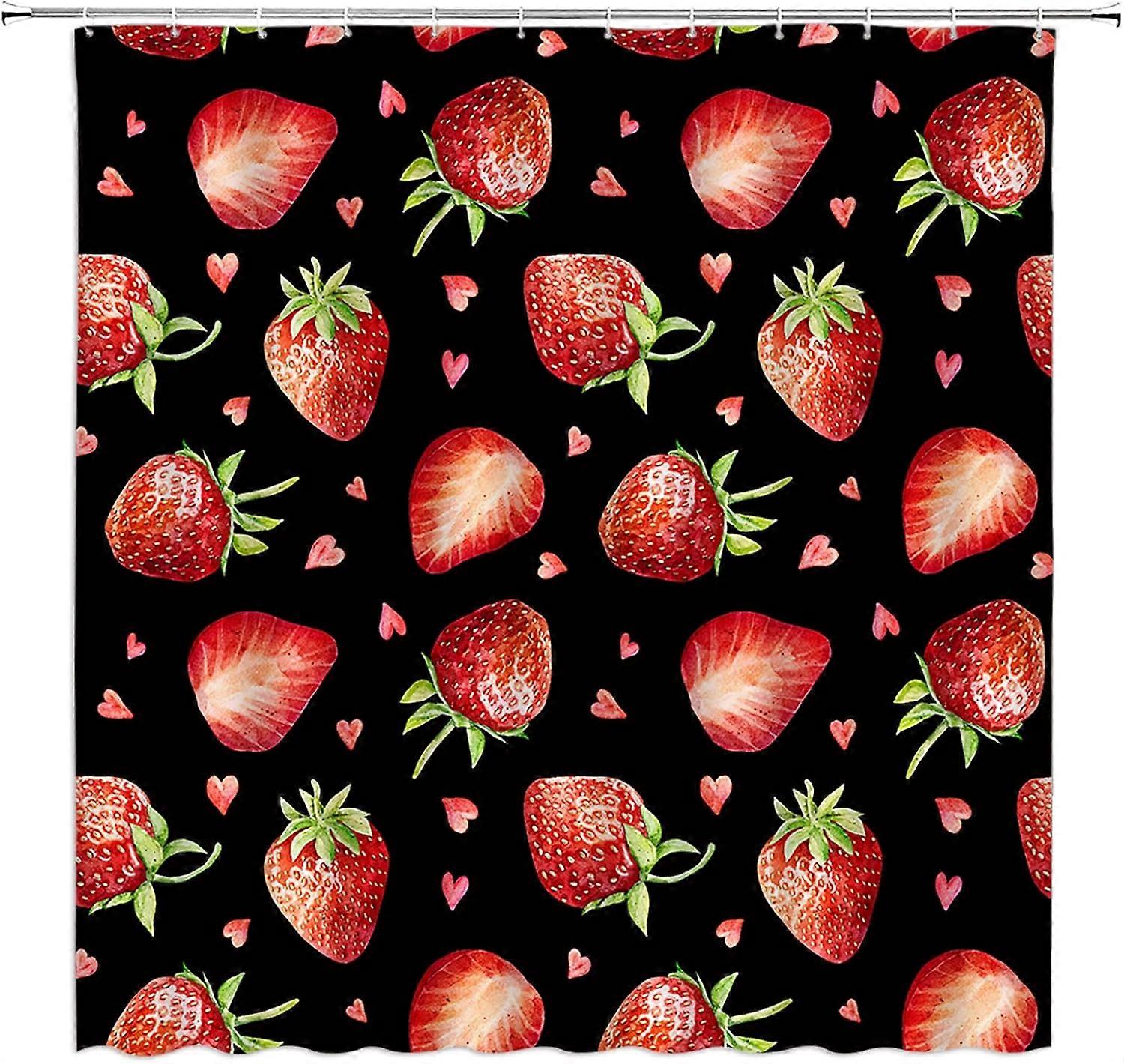 ストロベリーシャワーカーテンかわいいピンクストロベリーレッドフルーツ水彩イチゴ春夏フルーツフローラ葉生地バスルームの装飾フック付きセット