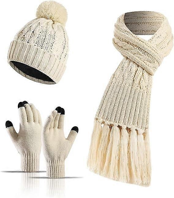 Colorful Beanie Hat Scarf Touch Screen Gloves Set with Pom for Women