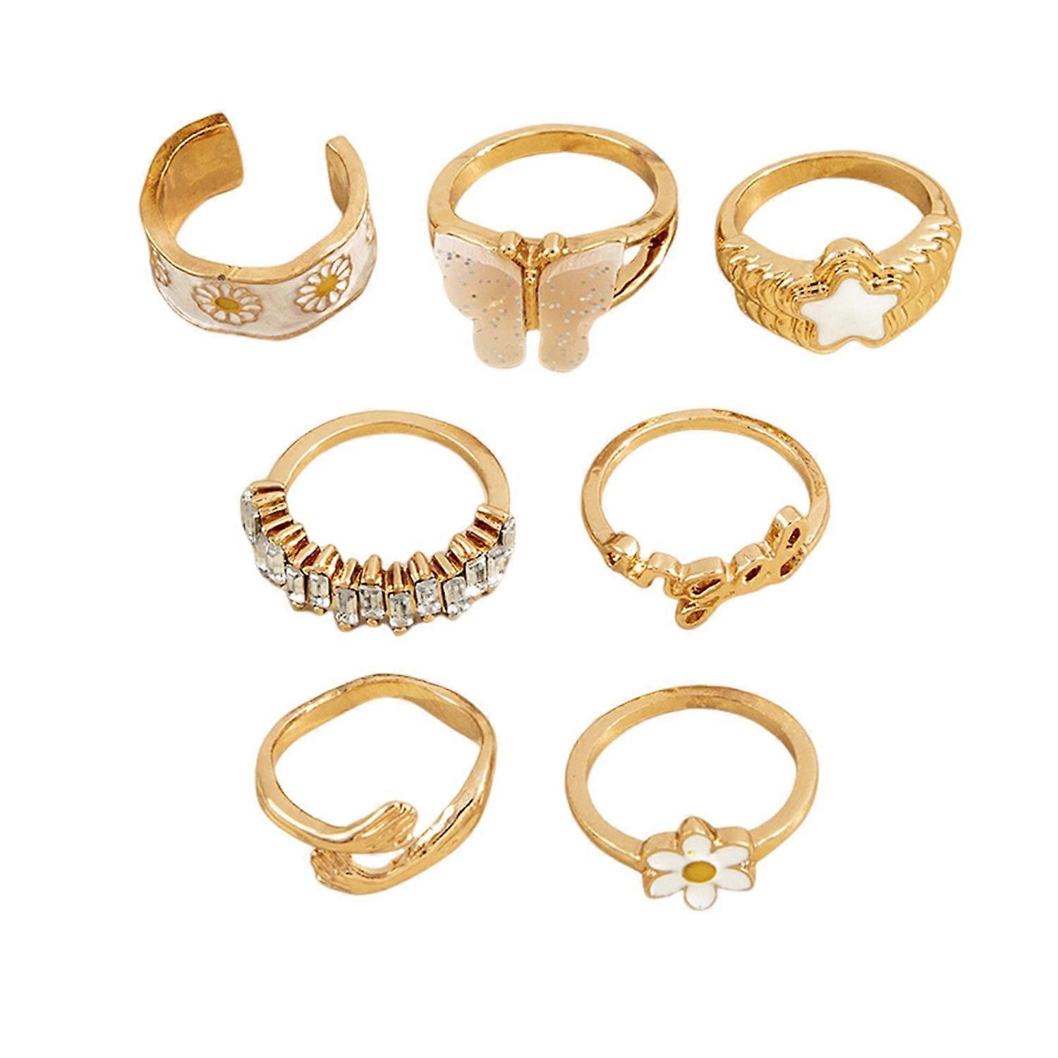 7Pcs Ring Set Sparkling Rhinestone Butterfly Flower Star Midi Rings Electroplated Alloy Stacking