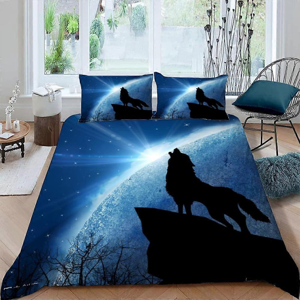 이불 커버 200x200 cm Wolf Moon 지퍼와 베갯잇 2 개가있는 2 인용 밝고 부드러운 침대 세트