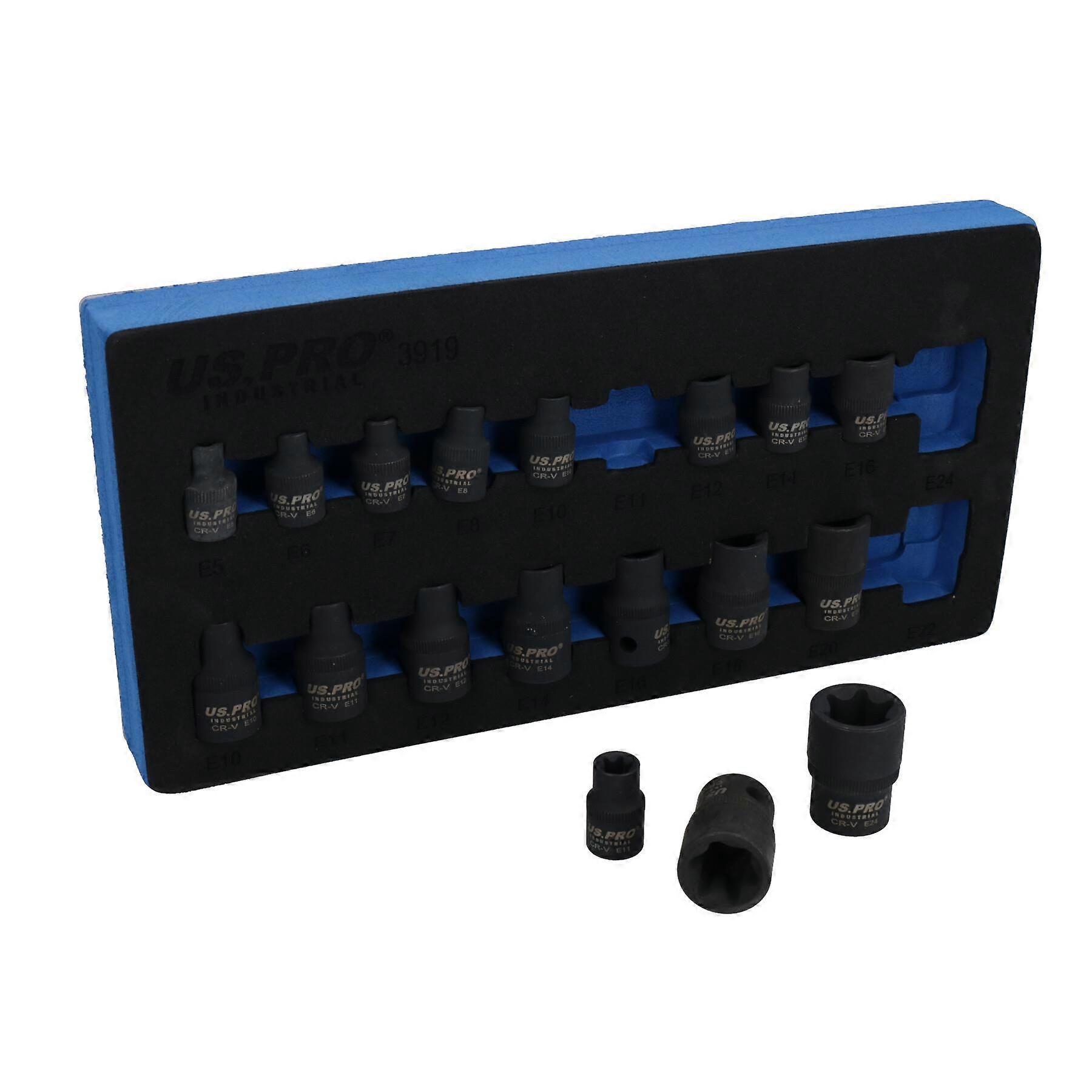 Impacted Female Torx / E Sockets E5 - E24 3/8" and 1/2" Drive 17pc By U S Pro
